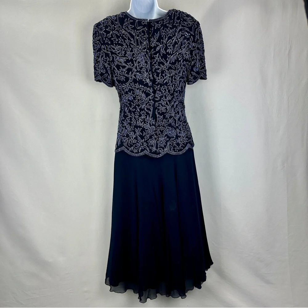 Papell Boutique Silk Beaded Dress Navy Blue Size 8 - Picture 4 of 9